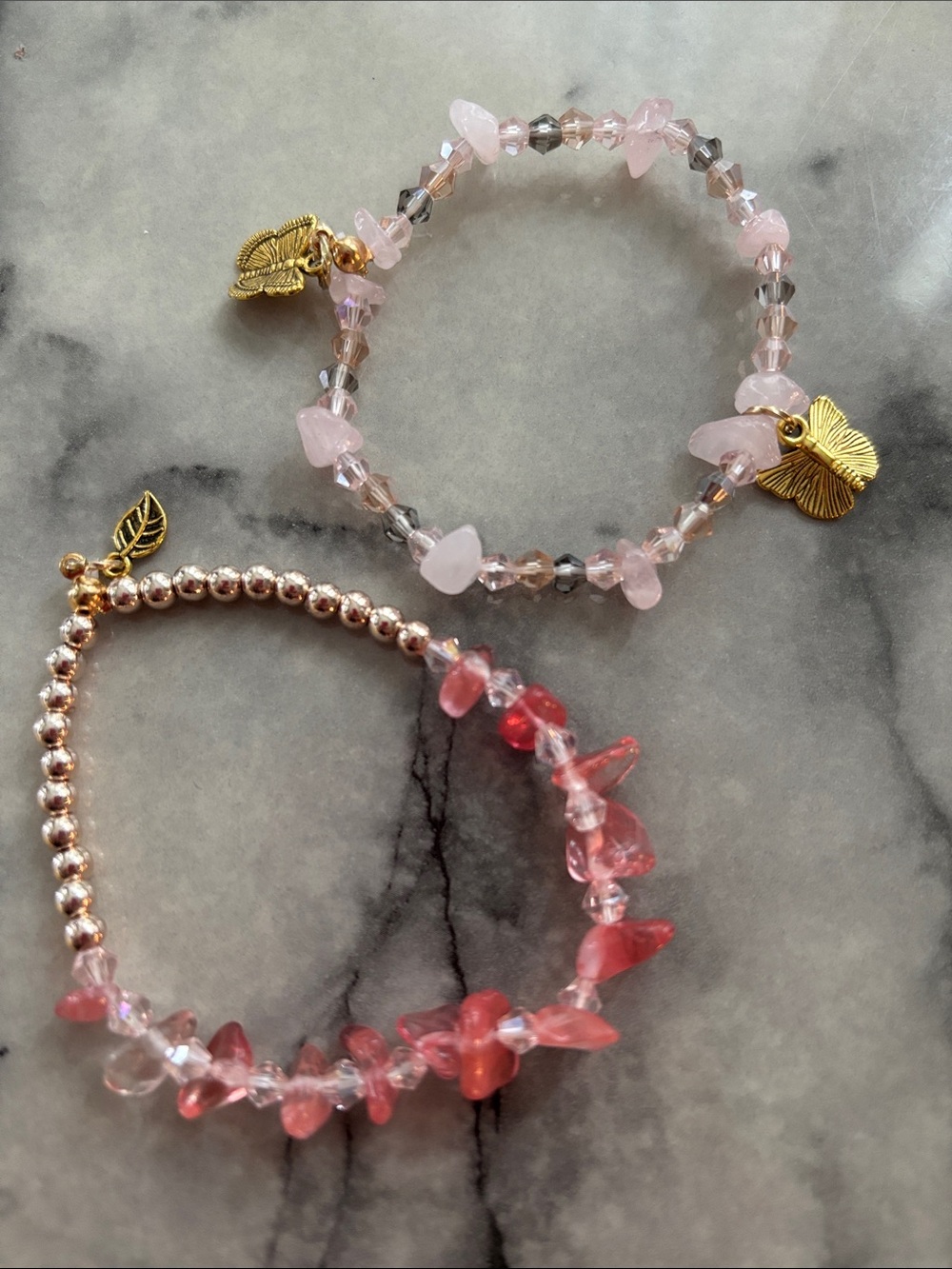 Handmade Pink Bead & Rose Quartz Charm Bracelet Set
